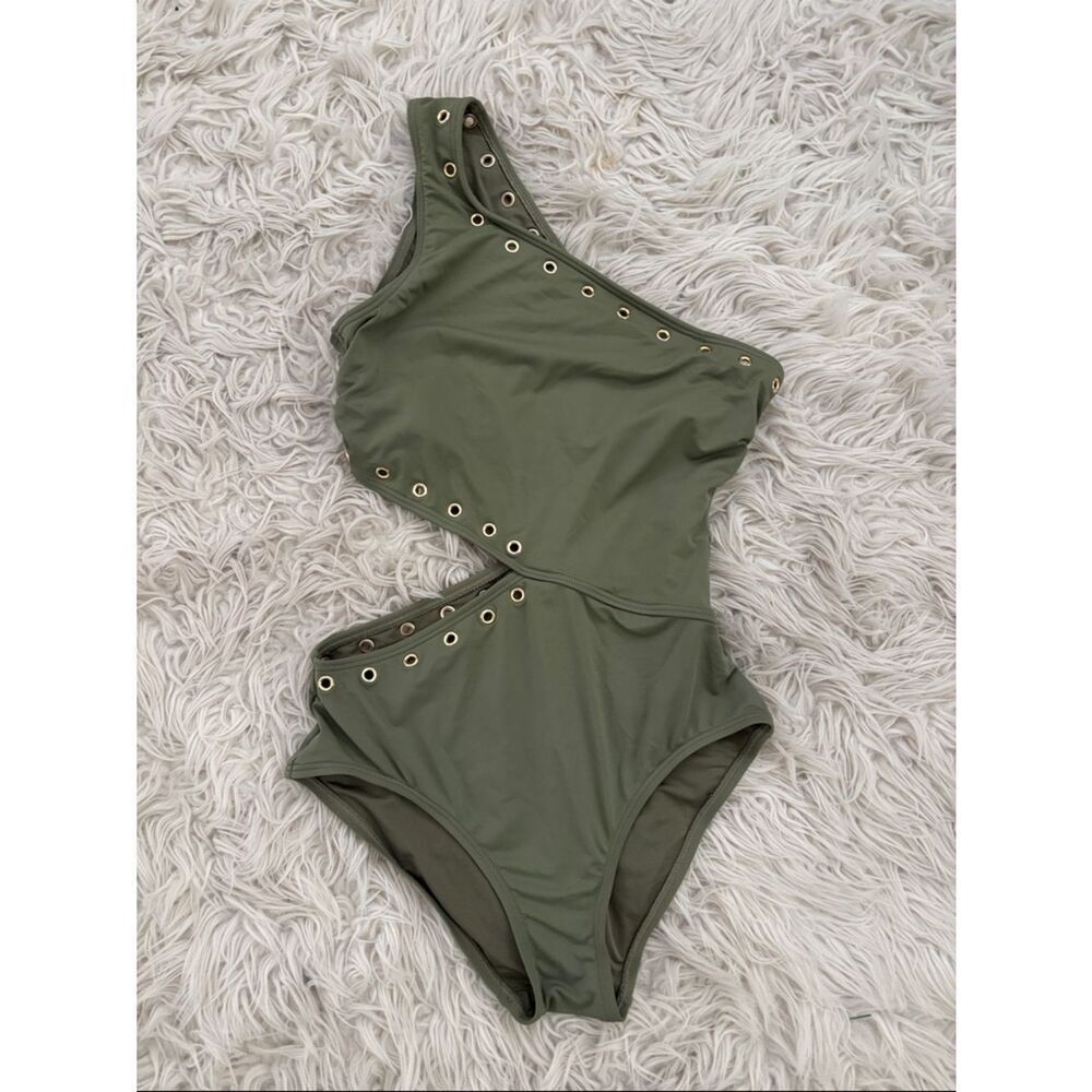 Michael Kors sz 10, Olive Green One-Shoulder Cutout Swimsuit with Gold Eyelets